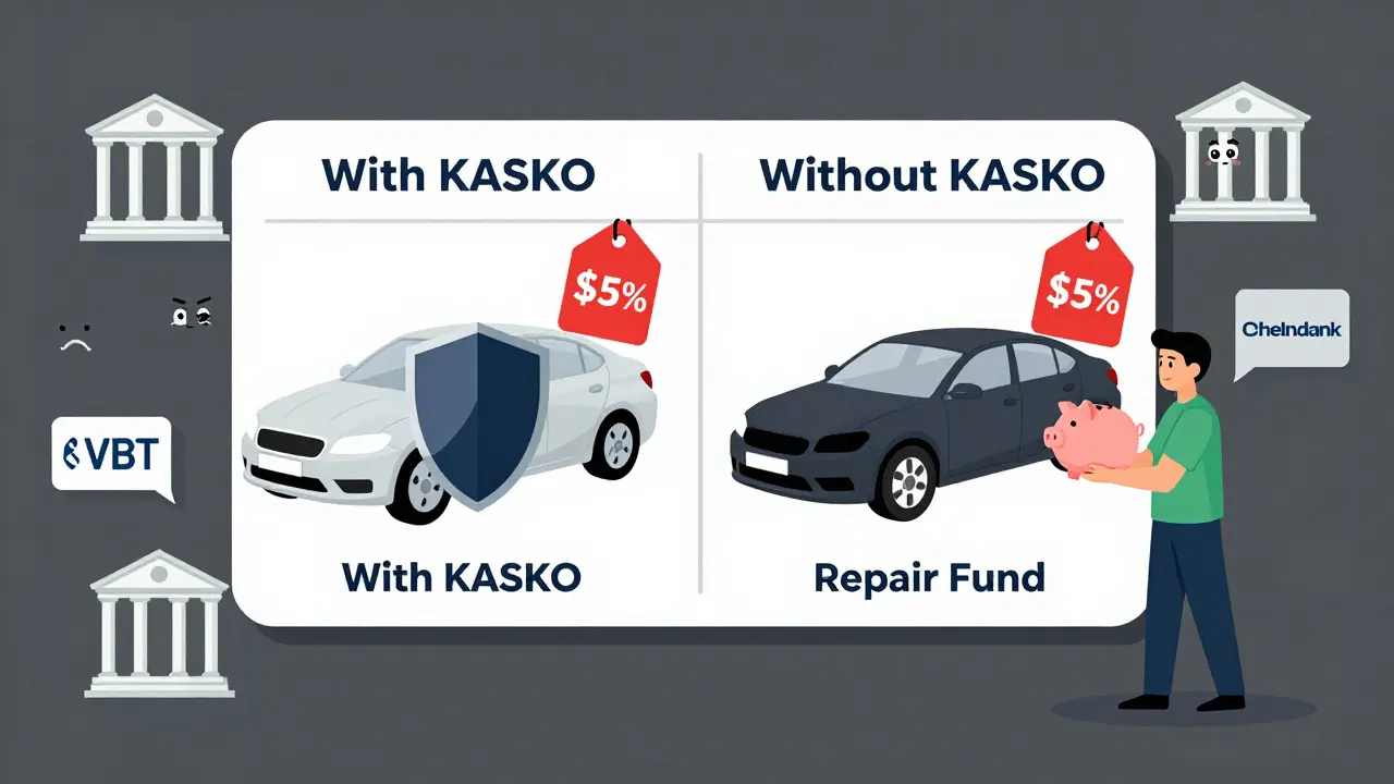 Сравнение двух вариантов кредита: с КАСКО и без, с наглядными символами страховки и риска.