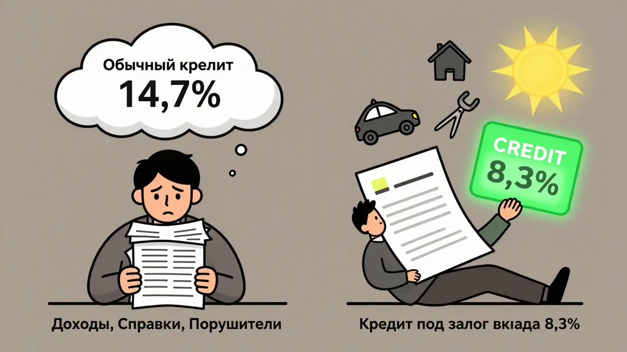 Сравнение: напряжённый человек с бумагами против спокойного с депозитом и кредитом, солнце над выгодным продуктом.