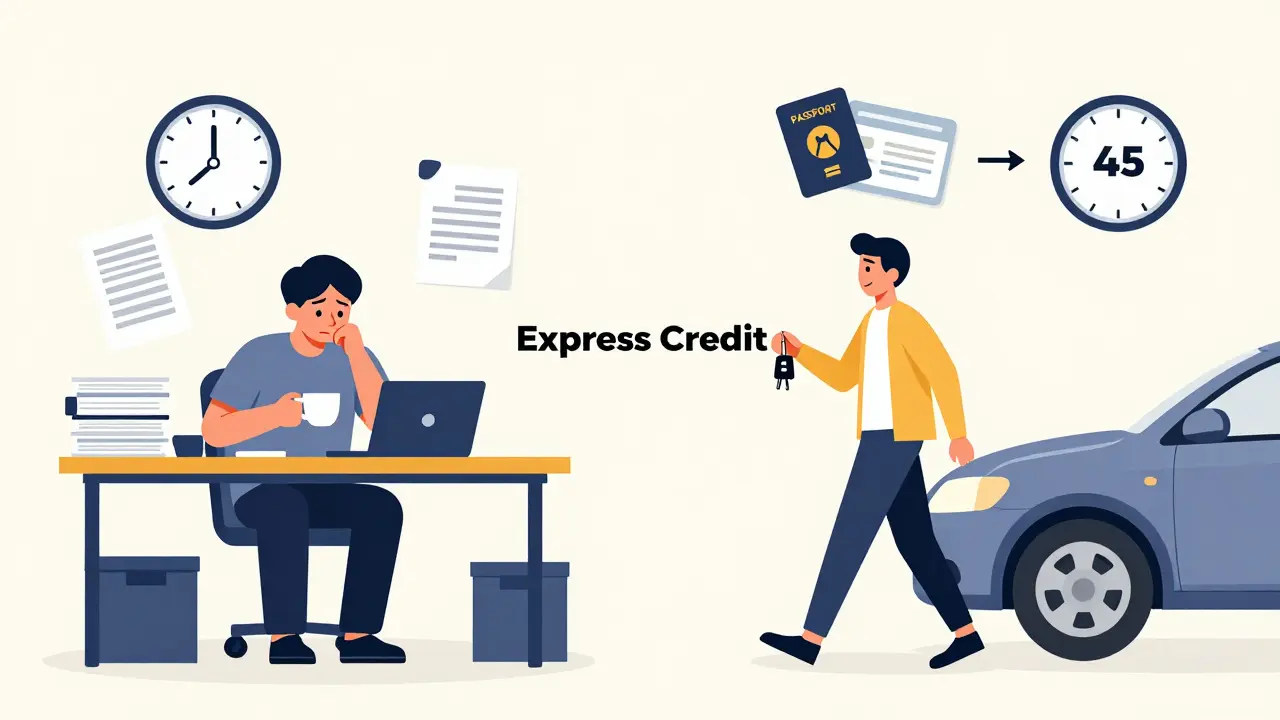 Сравнение: слева — долгое оформление с бумагами, справа — быстрый экспресс-кредит с ключами и минимумом документов.