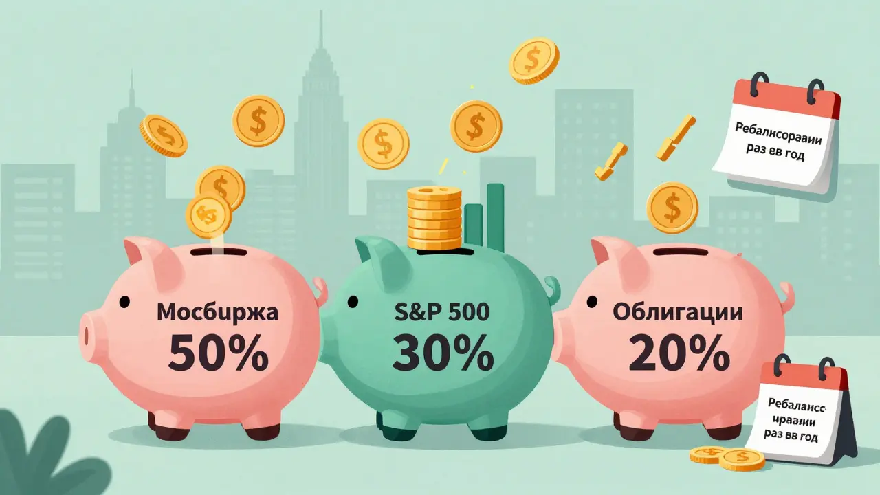 Трёхкомпонентный портфель в виде копилки с долями: российские акции, американские акции и облигации.