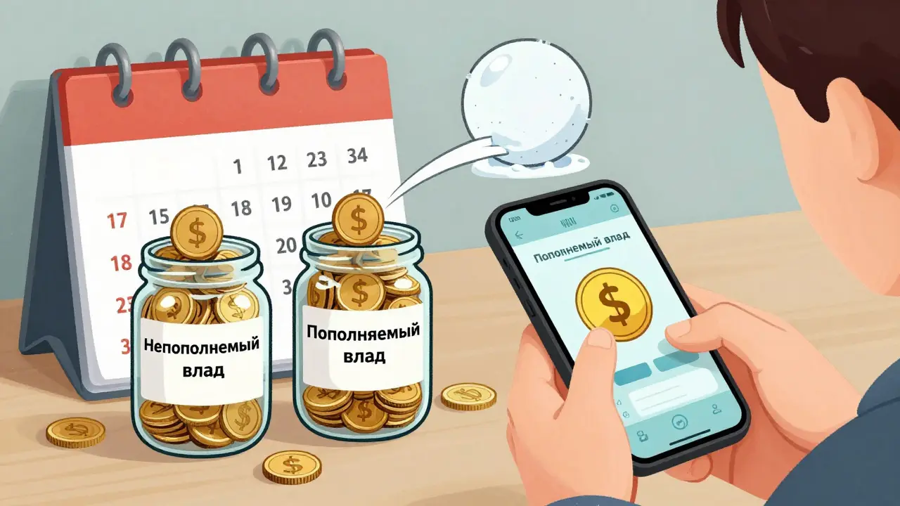 Человек настраивает автоматические переводы в два вклада: один запечатан, другой постепенно наполняется монетами.