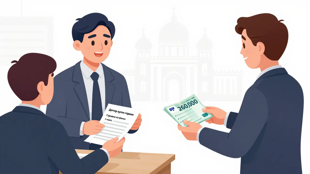 Человек передает документы в налоговую и получает деньги за покупку жилья