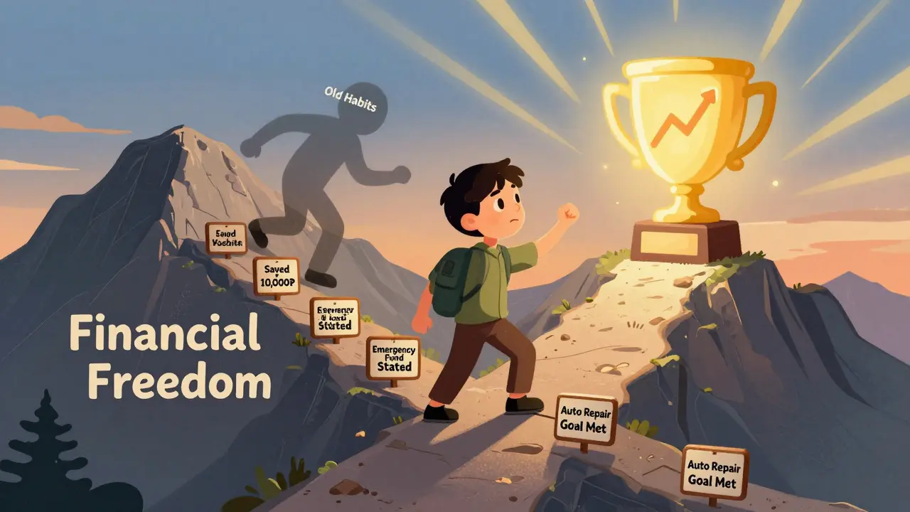 Человек поднимается по горе финансовой свободы, отмечая маленькие победы на пути к цели.