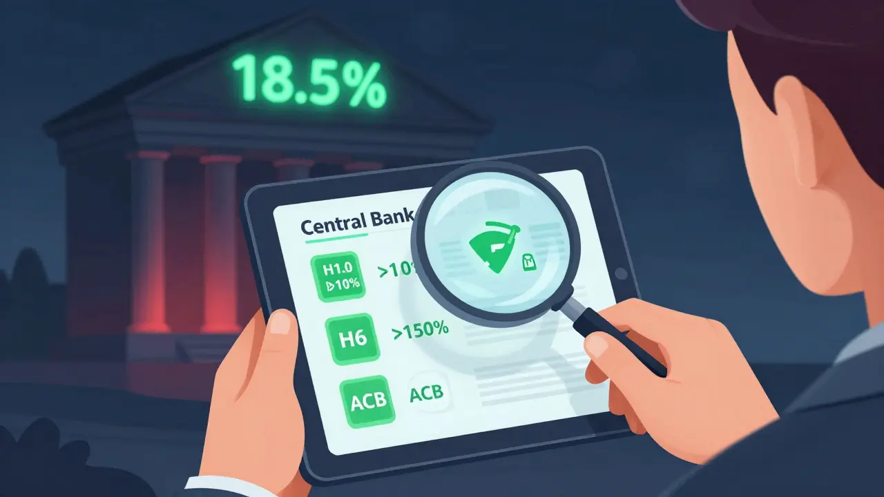 Человек проверяет банк по данным ЦБ, надёжные показатели светятся, опасный банк тускнеет.