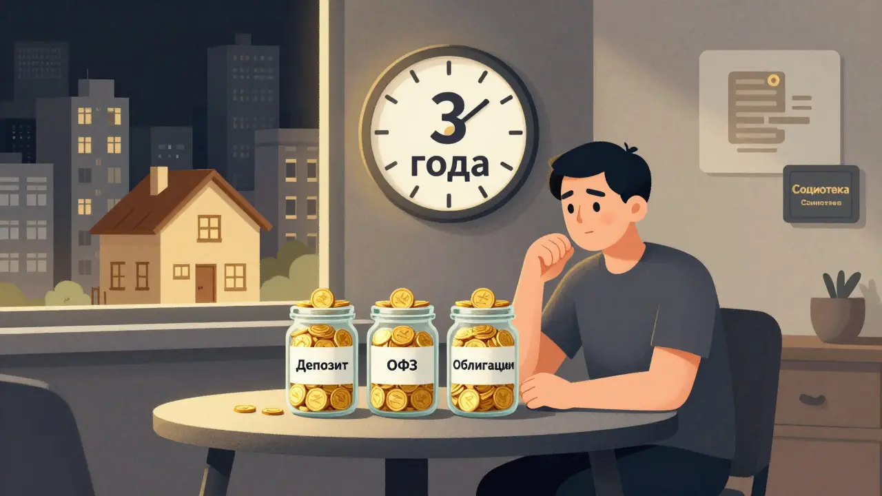 Человек распределяет сбережения между тремя инвестиционными фондами, за окном растёт дом.