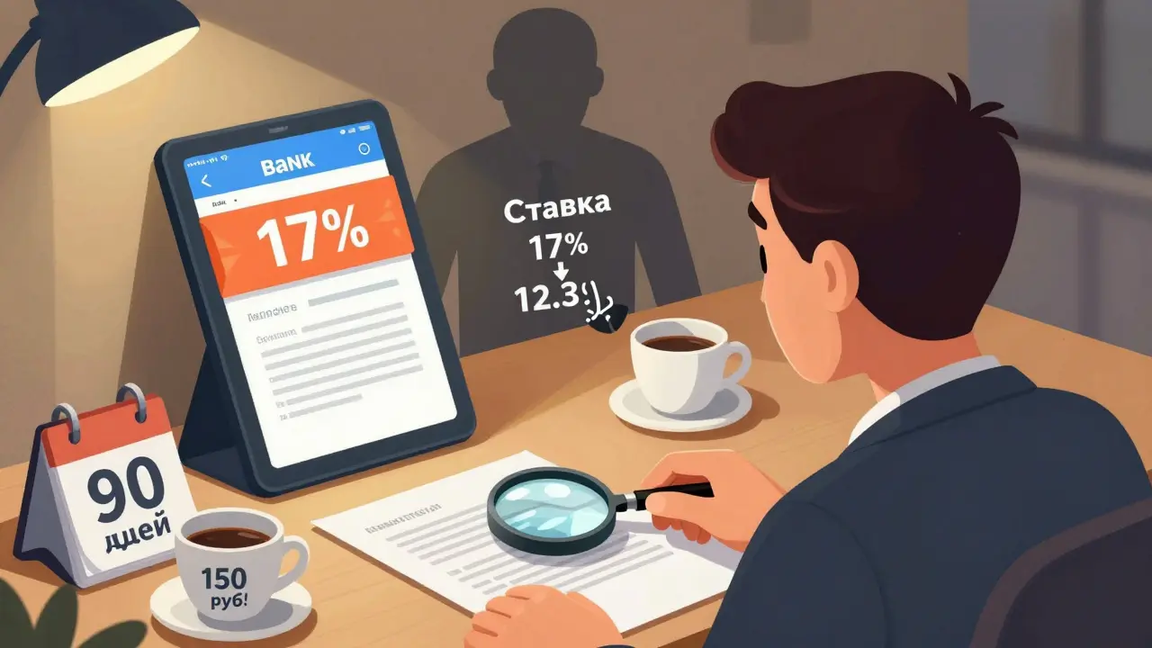 Человек смотрит на экран банка, а тень снижает процентную ставку под видом рекламы.