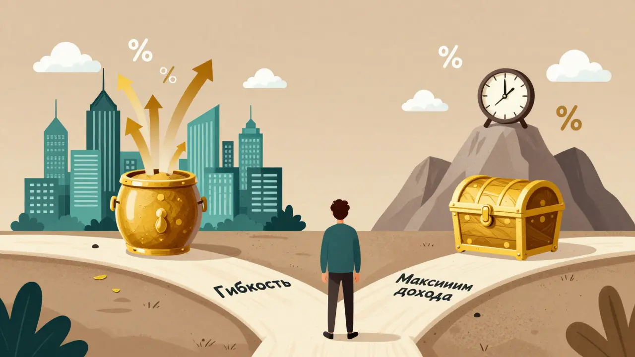 Человек выбирает между путем гибкости и путем максимальной доходности, символизированными городом и горой.