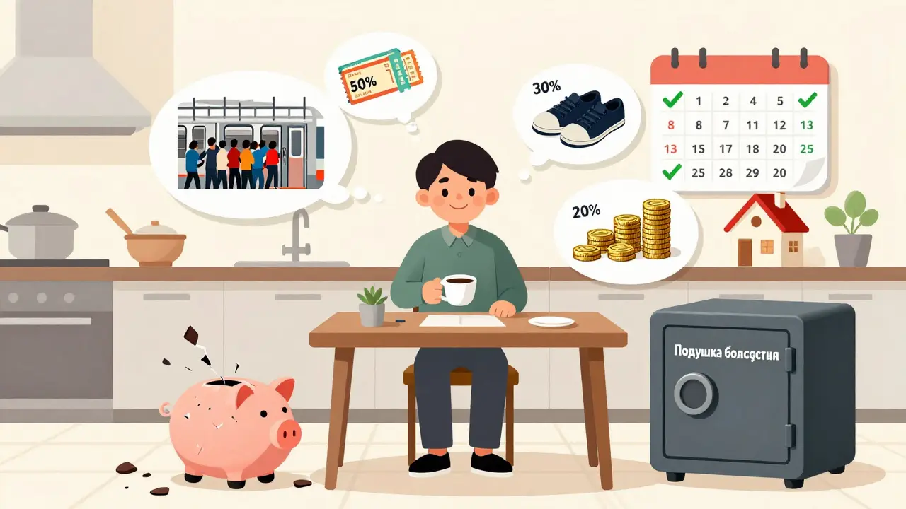 Человек за столом с кофе, вокруг — мысленные образы расходов по правилу 50/30/20.