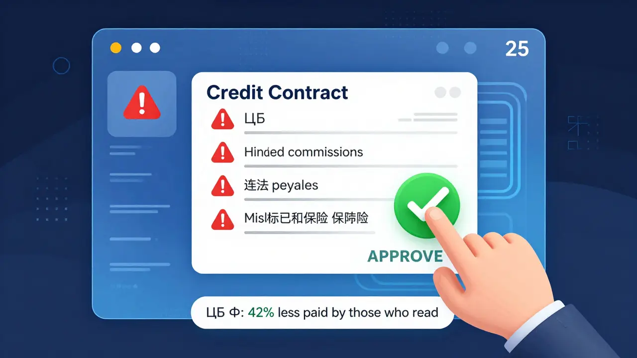 Цифровой интерфейс 2025 года анализирует кредитный договор, показывая красные предупреждения о скрытых платежах и штрафах.