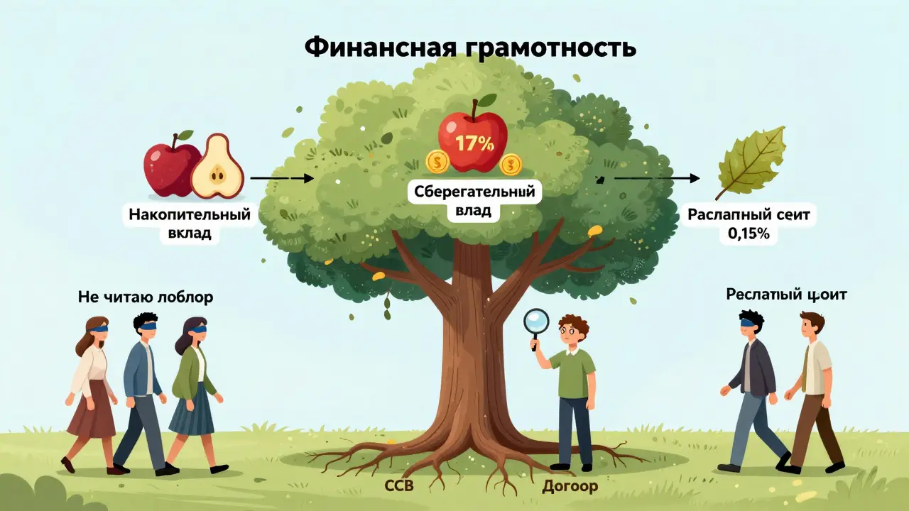 Дерево финансовой грамотности с тремя ветвями-вкладами и людьми, игнорирующими договоры.