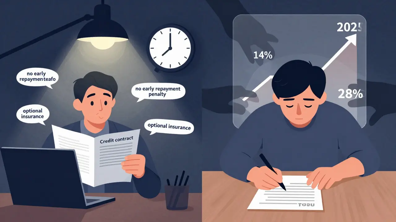 Два человека: один внимательно читает договор, другой подписывает его вслепую — рядом визуализирован рост стоимости кредита с 14% до 28%.