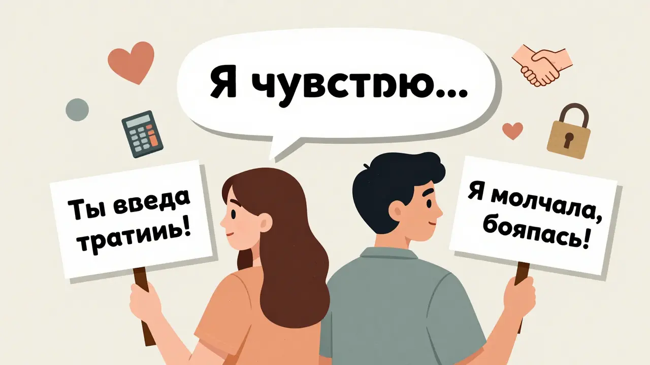 Два человека с противоположными упреками, между ними — фраза 'Я чувствую...' как символ доверия.