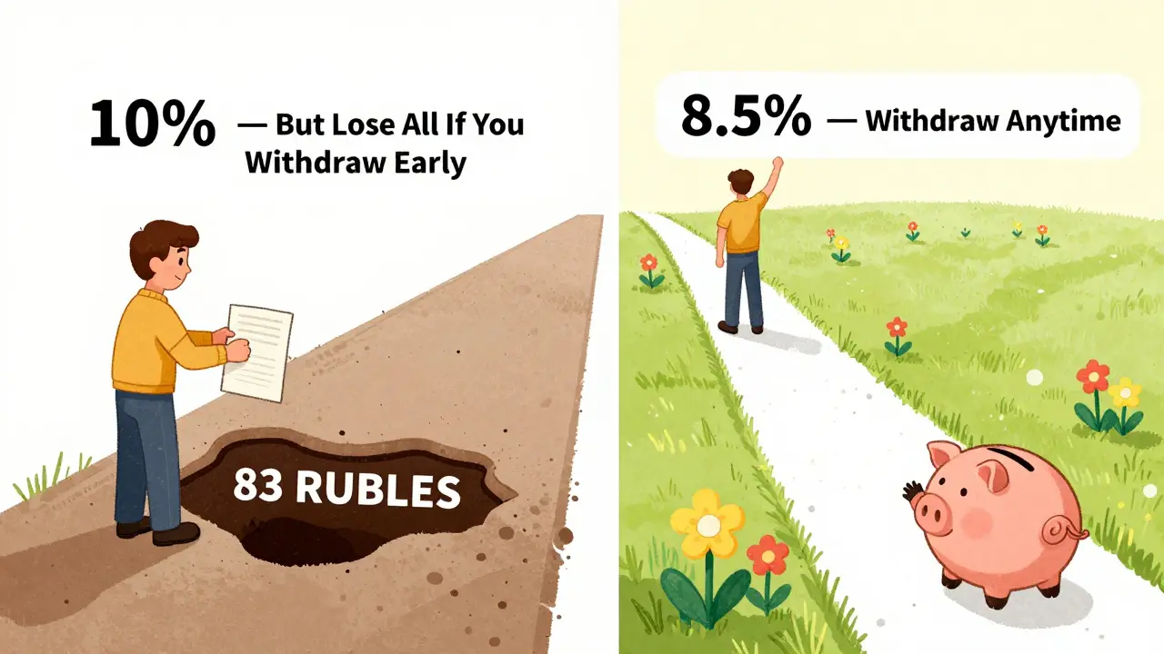 Два пути: слева — яма с 83 рублями, справа — светлый путь к гибкому счету с процентами и цветами.
