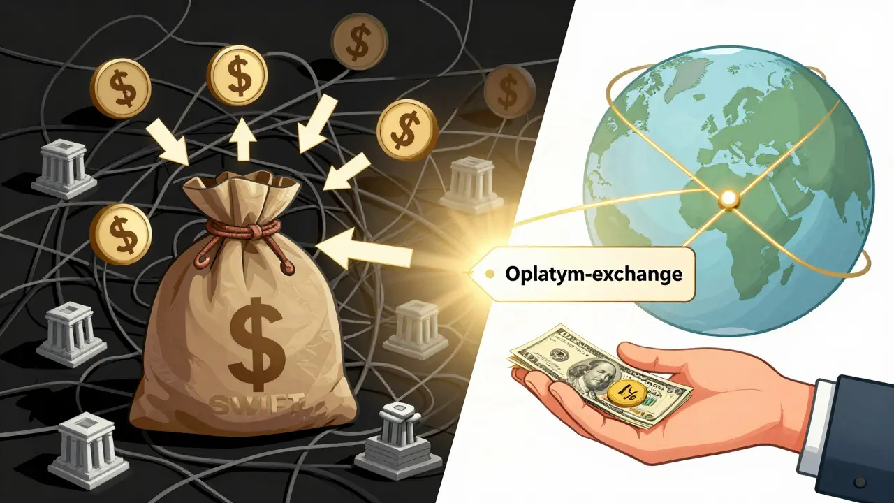 Контраст между сложной системой SWIFT с скрытыми комиссиями и прозрачным сервисом Oplatym-exchange с фиксированной 1% комиссией.