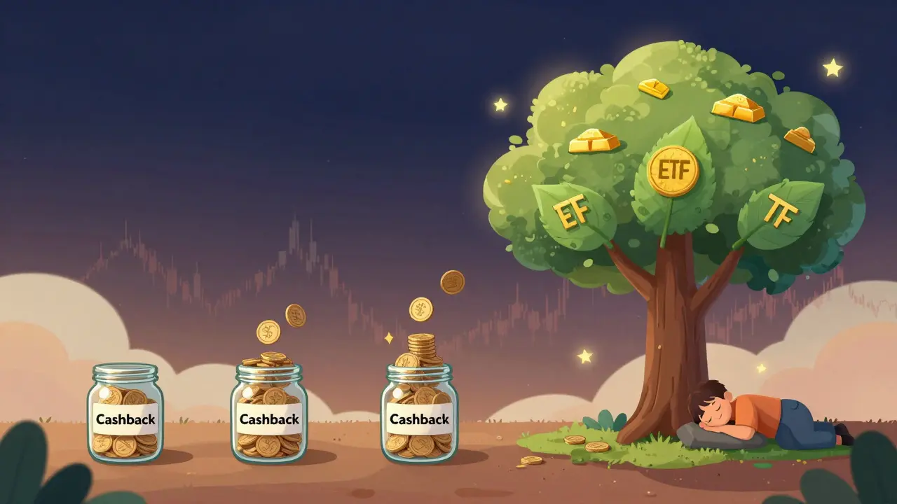 Копилка кэшбэка за три года превращается в дерево с листьями-ETF и золотыми барами.