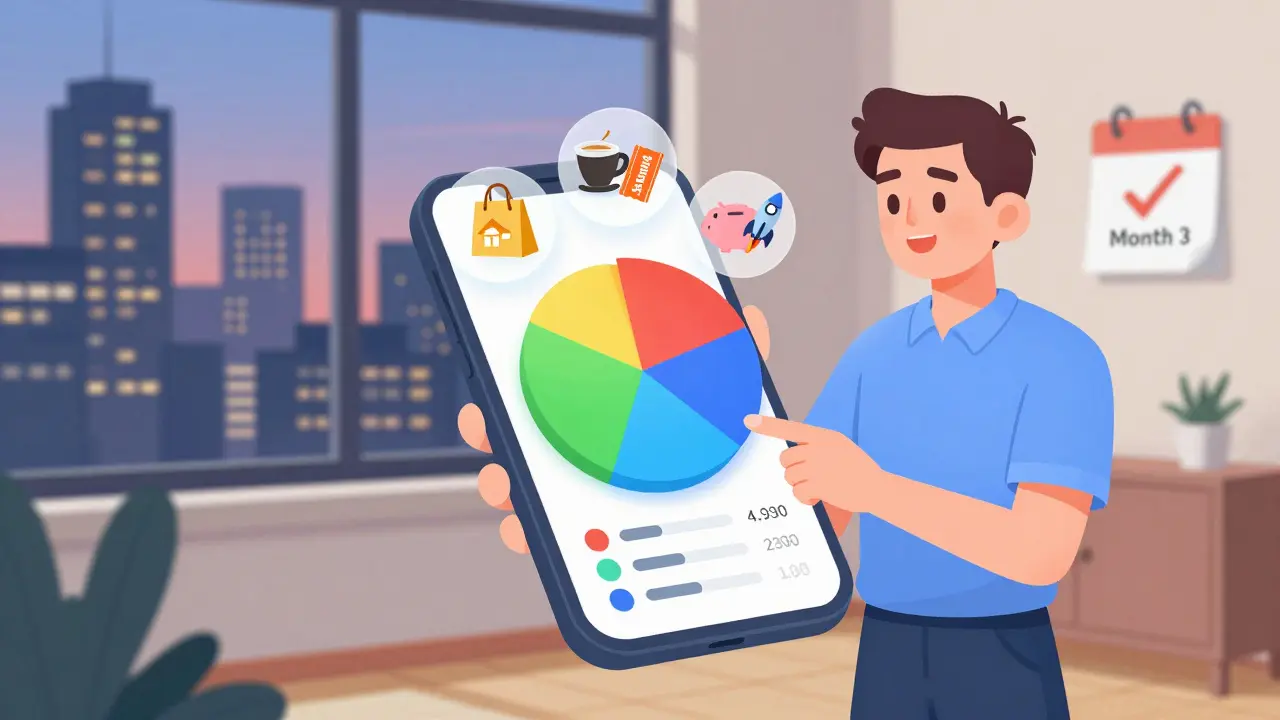 Молодой человек с телефоном, показывающим автоматическое распределение дохода на три категории.