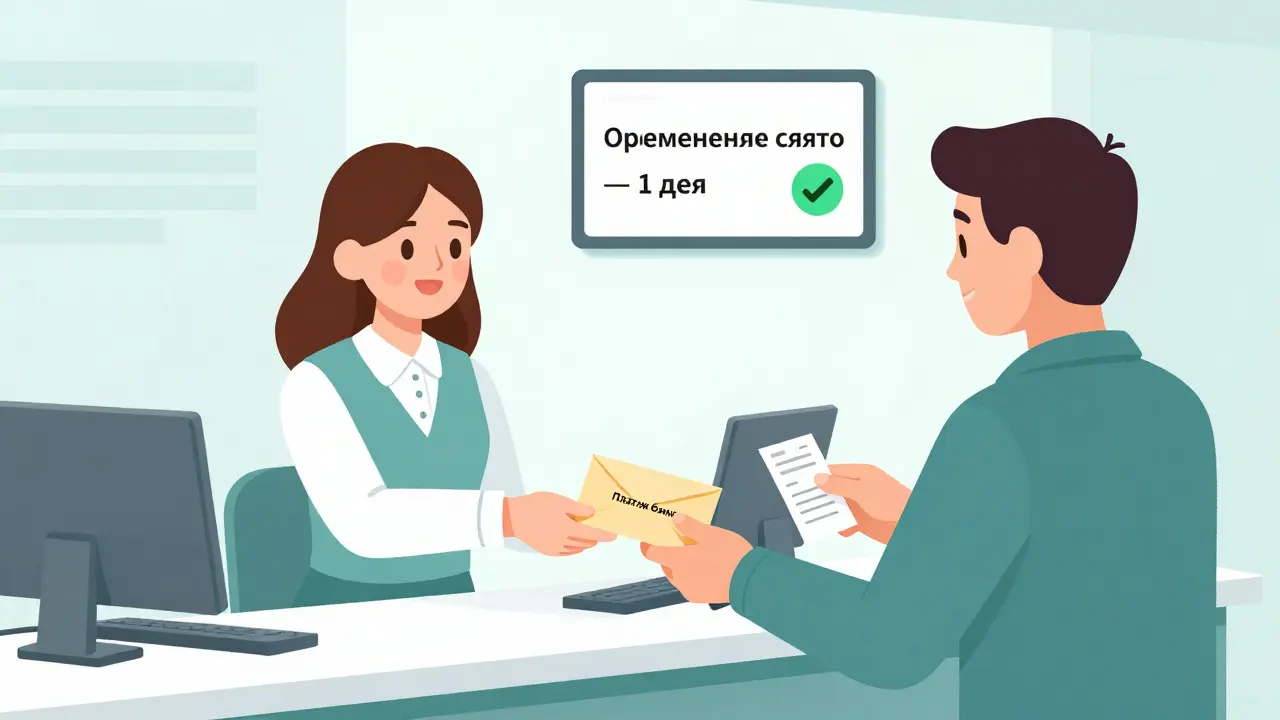 Покупатель передает деньги банку, машина на фоне, экран показывает &#039;залог снят&#039;, светлая и спокойная атмосфера.