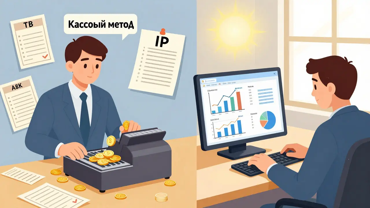 Разделенная сцена: слева — наличные и долги, справа — цифровой отчет с договорами и графиками прибыли.