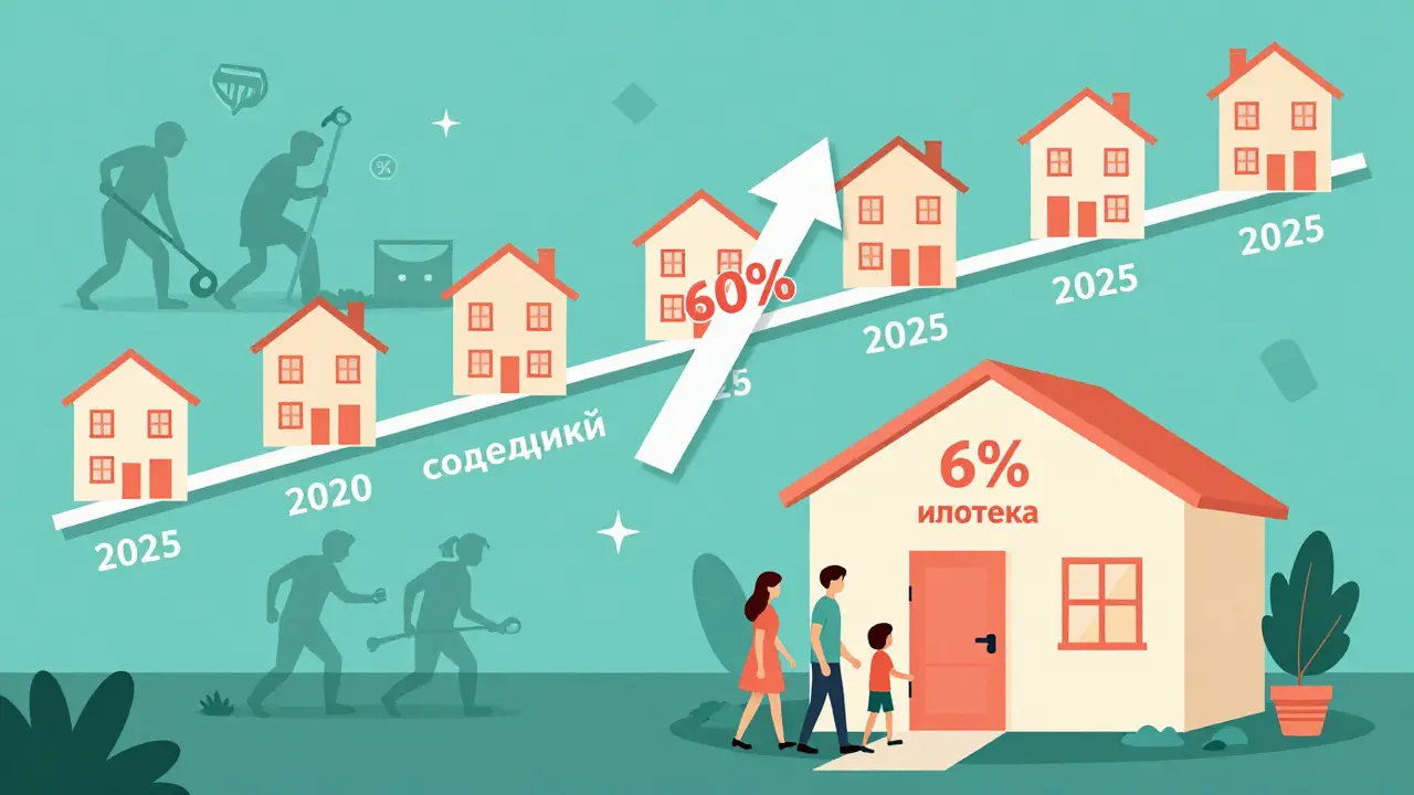 Рост популярности квартир с отделкой с 2020 по 2025 год, семья въезжает в дом с льготной ипотекой.