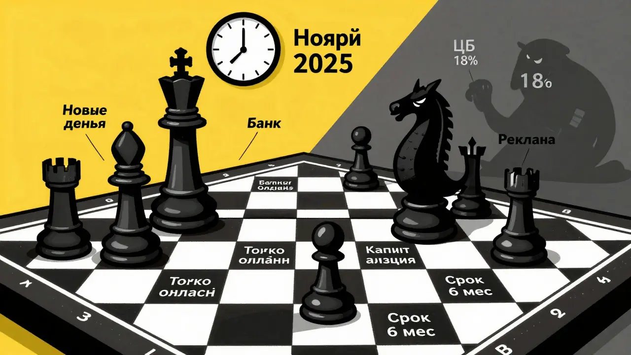 Шахматная доска с условиями сезонных вкладов, пешка клиента осторожно движется мимо гигантских фигур банка.