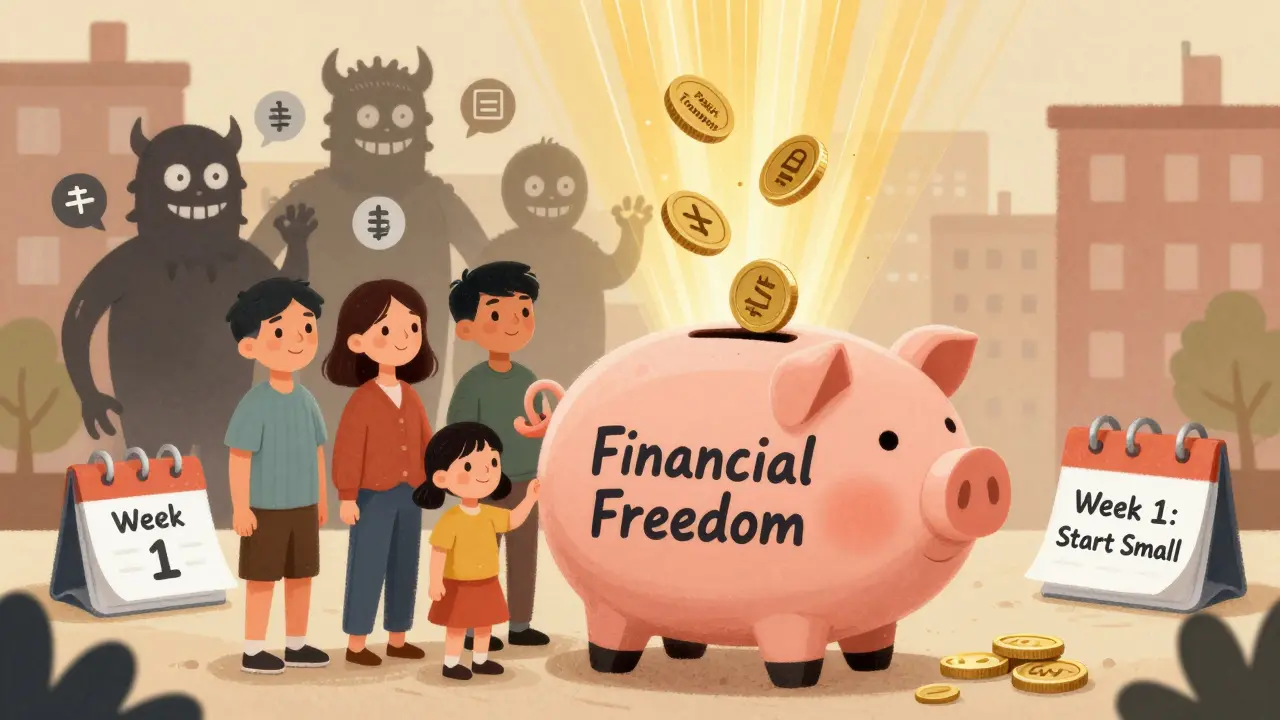 Семья кидает деньги в копилку 'Финансовая свобода', отказываясь от долгов и ненужных трат.