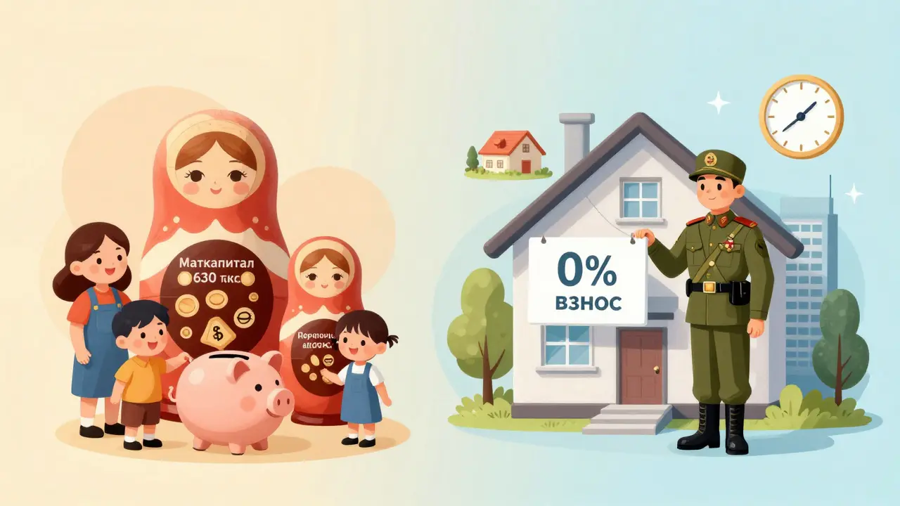 Семья кладёт материнский капитал в копилку, а солдат стоит у дома с нулевым взносом.