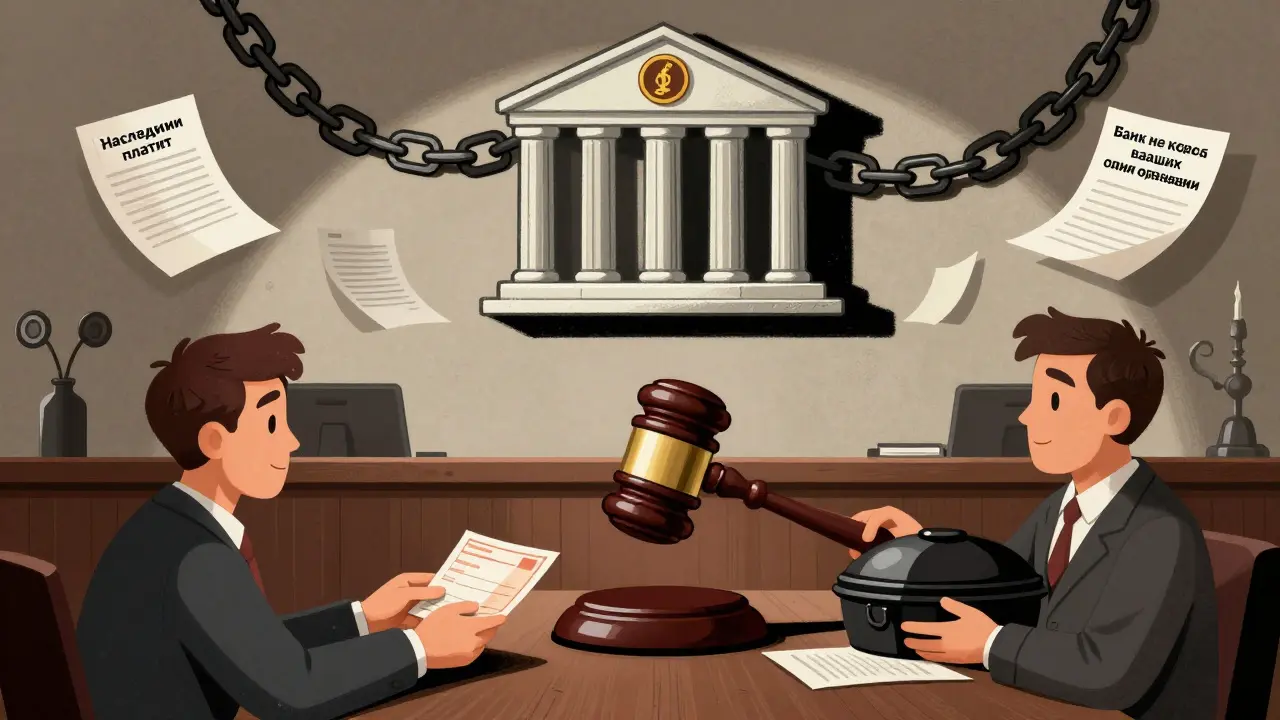 Судебный зал: банк над судом, один участник с зарплатой, другой — с урной, надписи о наследстве и долге.