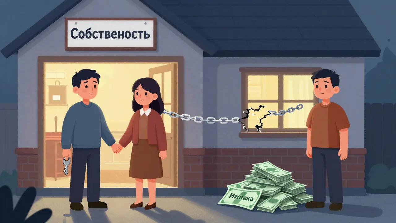 Супруги у дома: один с ключом, другой с долгами — символ неравного права собственности.