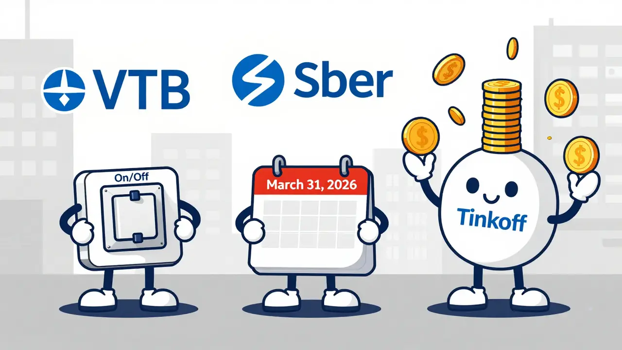 Три банка представлены как персонажи: ВТБ с переключателем, Сбер с календарем, Тинькофф с монетами.