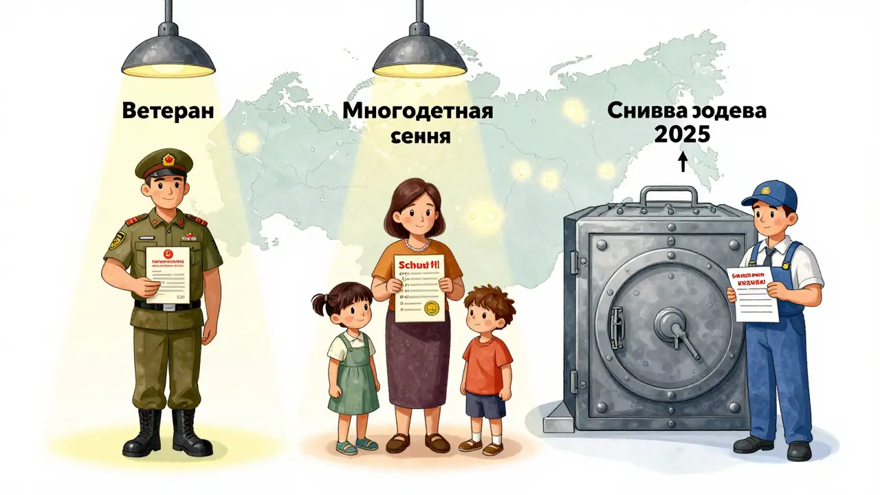 Три человека — ветеран, многодетная мать и безработный — под разными световыми лучами, стремясь к государственной поддержке