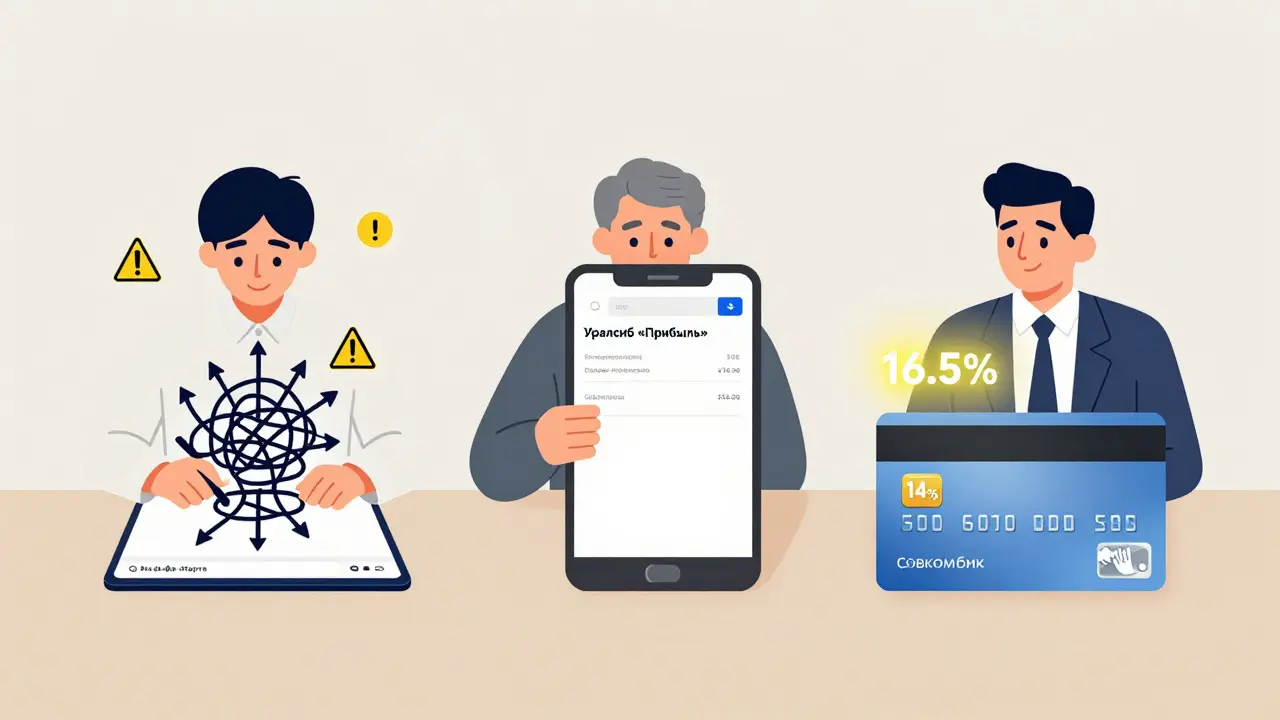 Три дебетовые карты на столе: одна со сложным интерфейсом, другая с простым балансом, третья без лишних значков — символы разных подходов к процентам.
