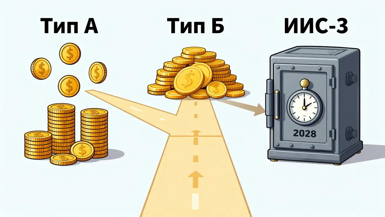 Три типа ИИС: возврат взносов, освобождение от налогов и комбинированный вариант, показаны как разные пути.
