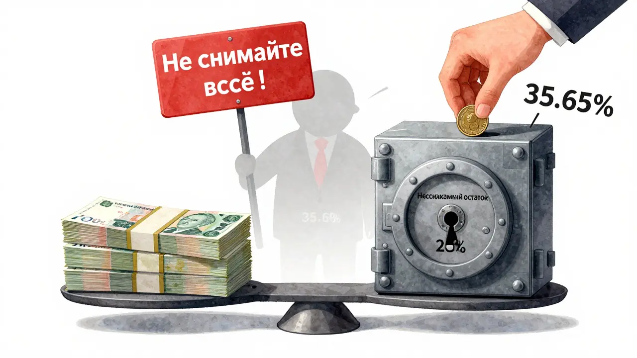 Весы балансируют деньги и защищённый остаток — 20% сохраняют доходность, остальное теряется.