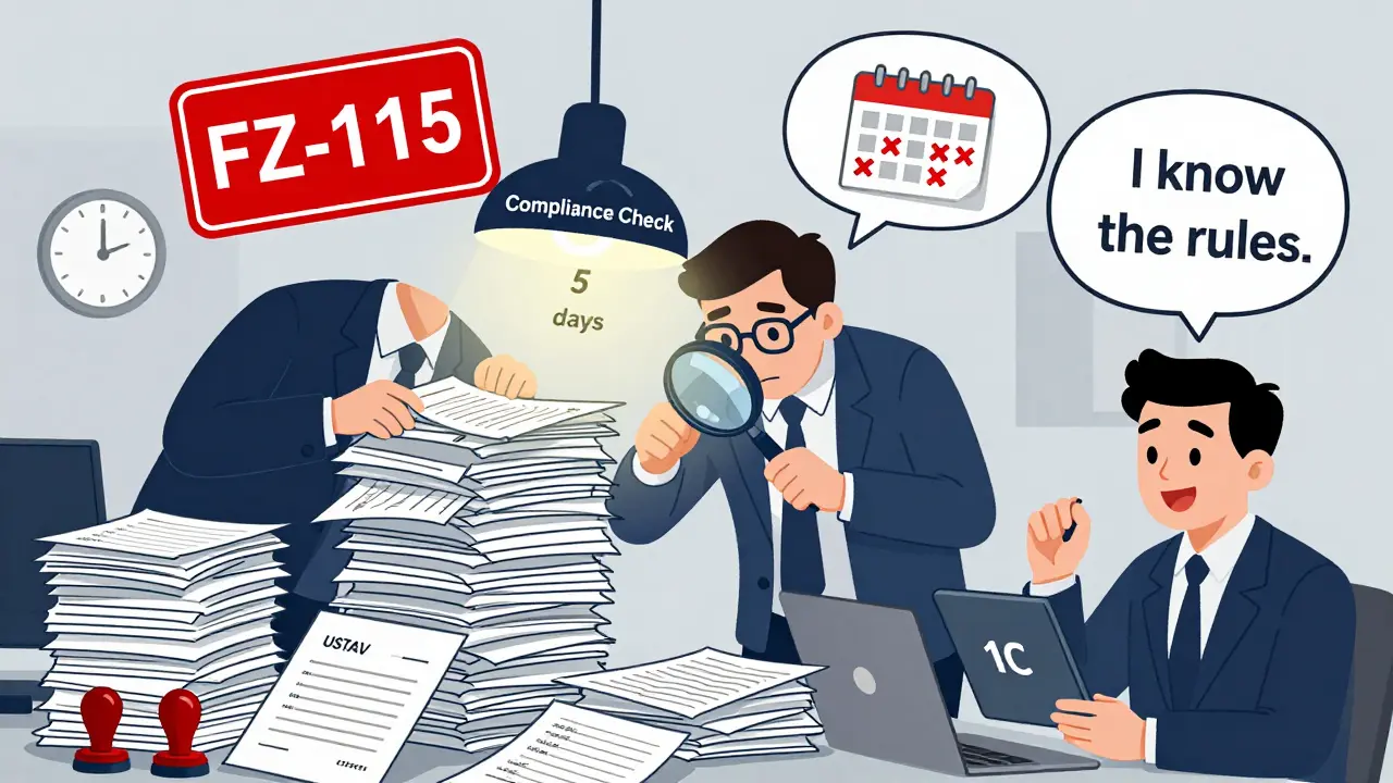 Бизнесмен с кипой документов перед банком, проверка по ФЗ-115, часы показывают 5 дней на оформление.