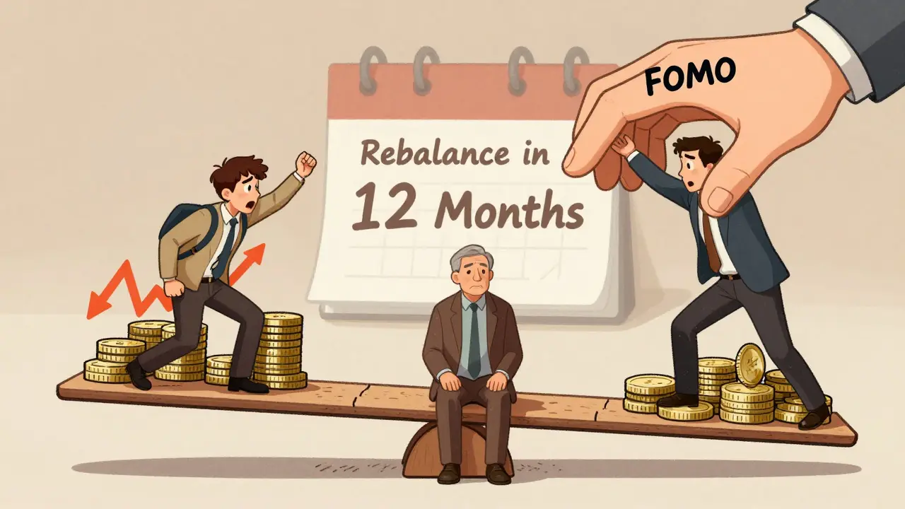 Человек на качелях сбалансированного портфеля, одна сторона — акции, другая — облигации, рядом — человек, увлечённый FOMO.
