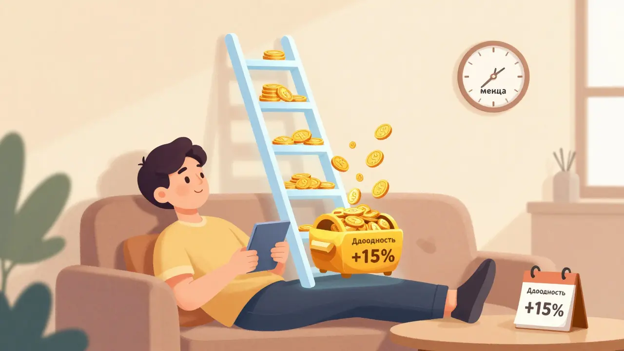 Человек отдыхает, за ним парит финансовая лестница, монеты автоматически переходят в долгосрочные вклады.