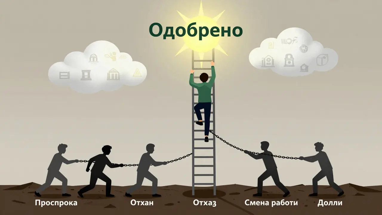 Человек поднимается по лестнице восстановления кредитной истории, преодолевая препятствия в виде долгов и ошибок.