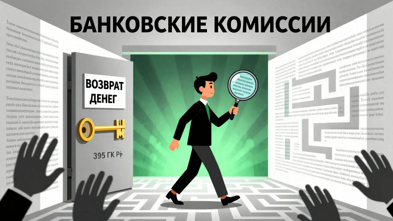 Человек проходит через лабиринт банковских комиссий к выходу с ключом возврата денег.