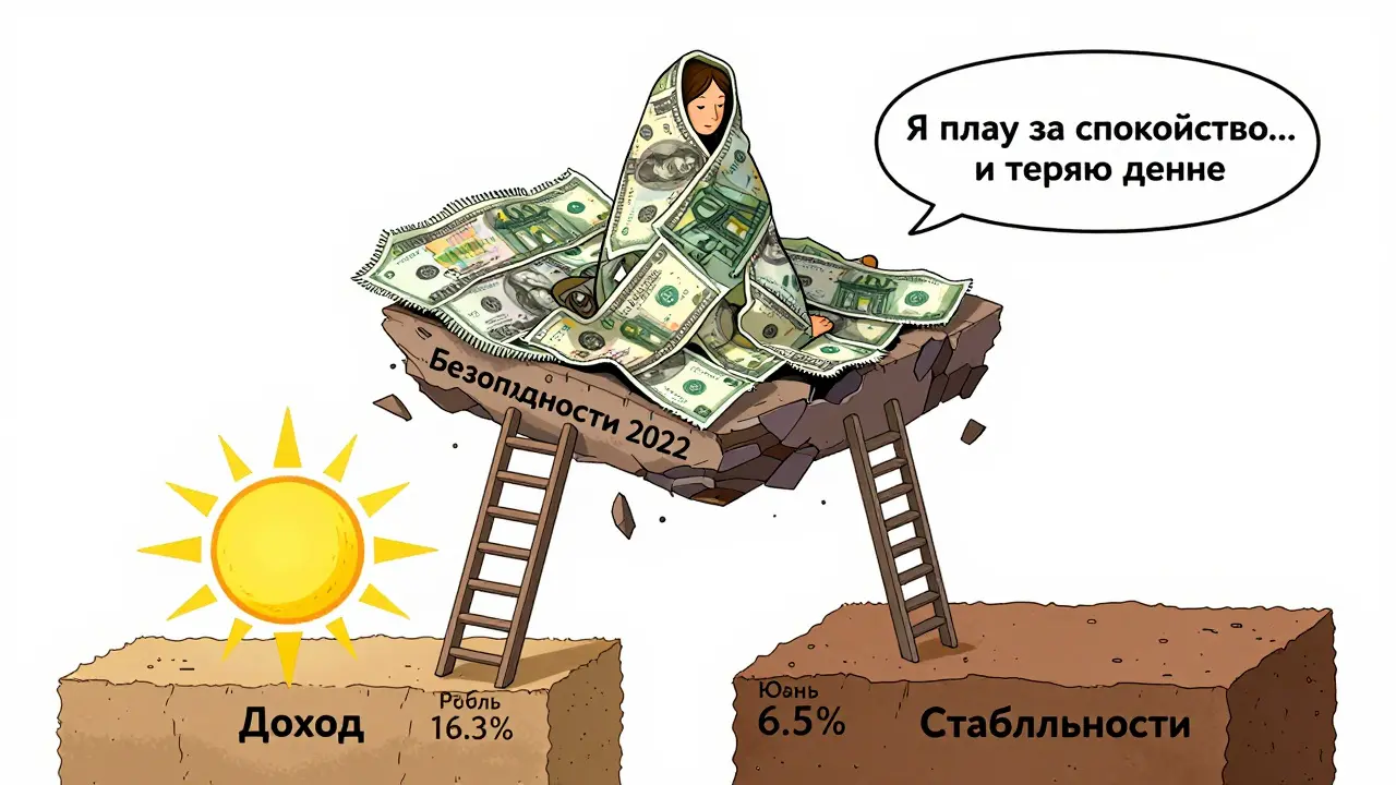 Человек в одеяле из долларов и евро, которое рвется, внизу — лестница к доходу в рублях и стабильности в юанях.