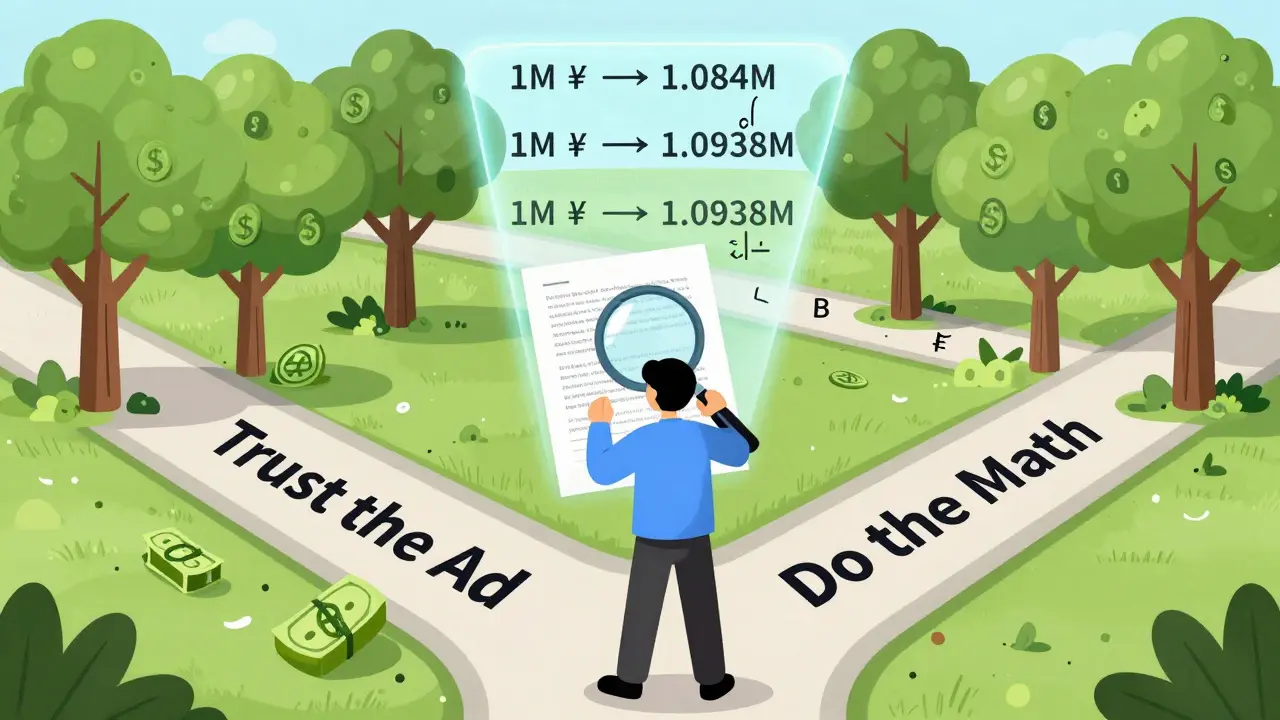 Человек выбирает между слепым доверием банку и самостоятельным расчетом эффективной ставки, за ним — рост денег.