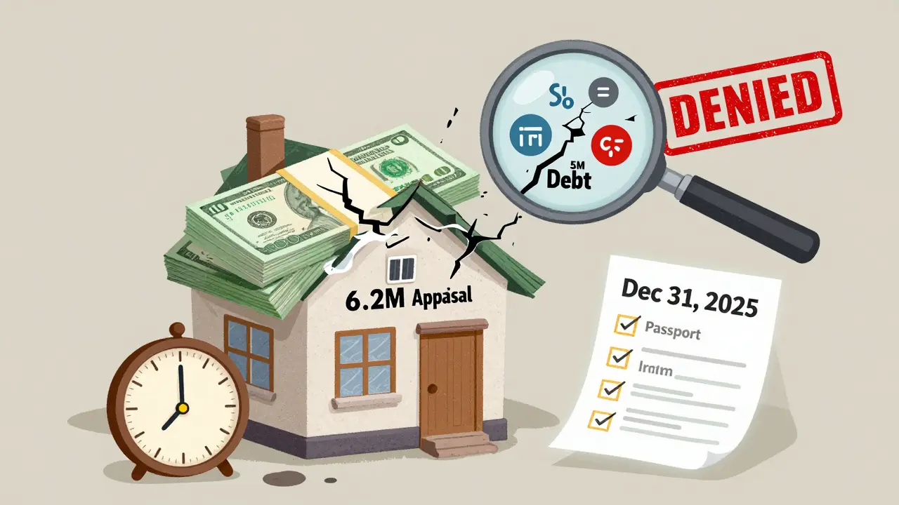 Дом из долгов рушится над более низкой оценкой квартиры, рядом — часы до 31 декабря 2025 года и список документов.