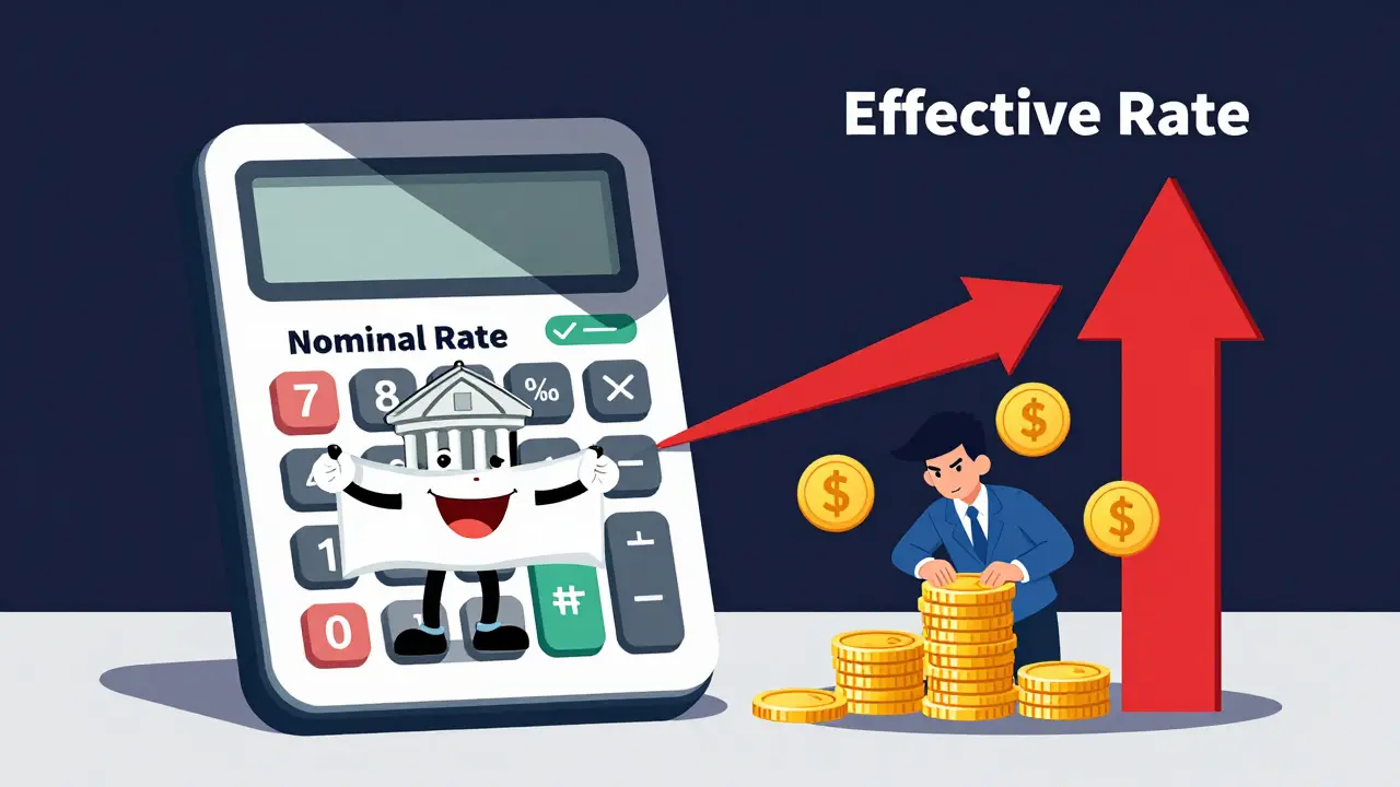 Две весы: номинальная ставка с улыбающимся банком и эффективная ставка с человеком, считающим комиссии и капитализацию.