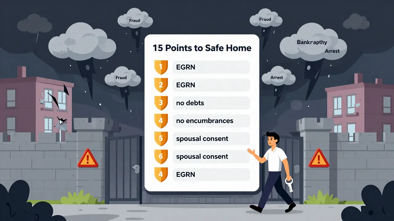 Гигантский чек-лист из 15 пунктов защищает покупателя от опасностей: мошенничества, банкротства, арестов.