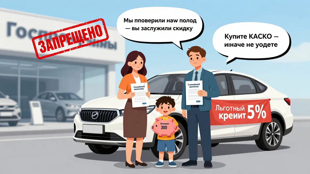 Иллюстрация: семья получает льготный кредит в банке, а автосалон за ними с красной запрещающей меткой.