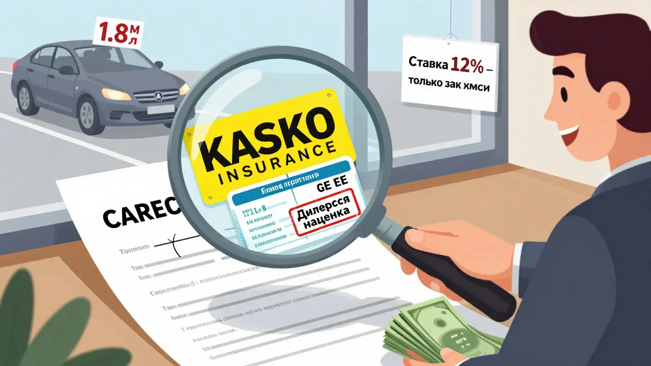 Иллюстрация: увеличительное стекло показывает скрытые платежи в договоре автокредита — КАСКО, страховка, комиссии.