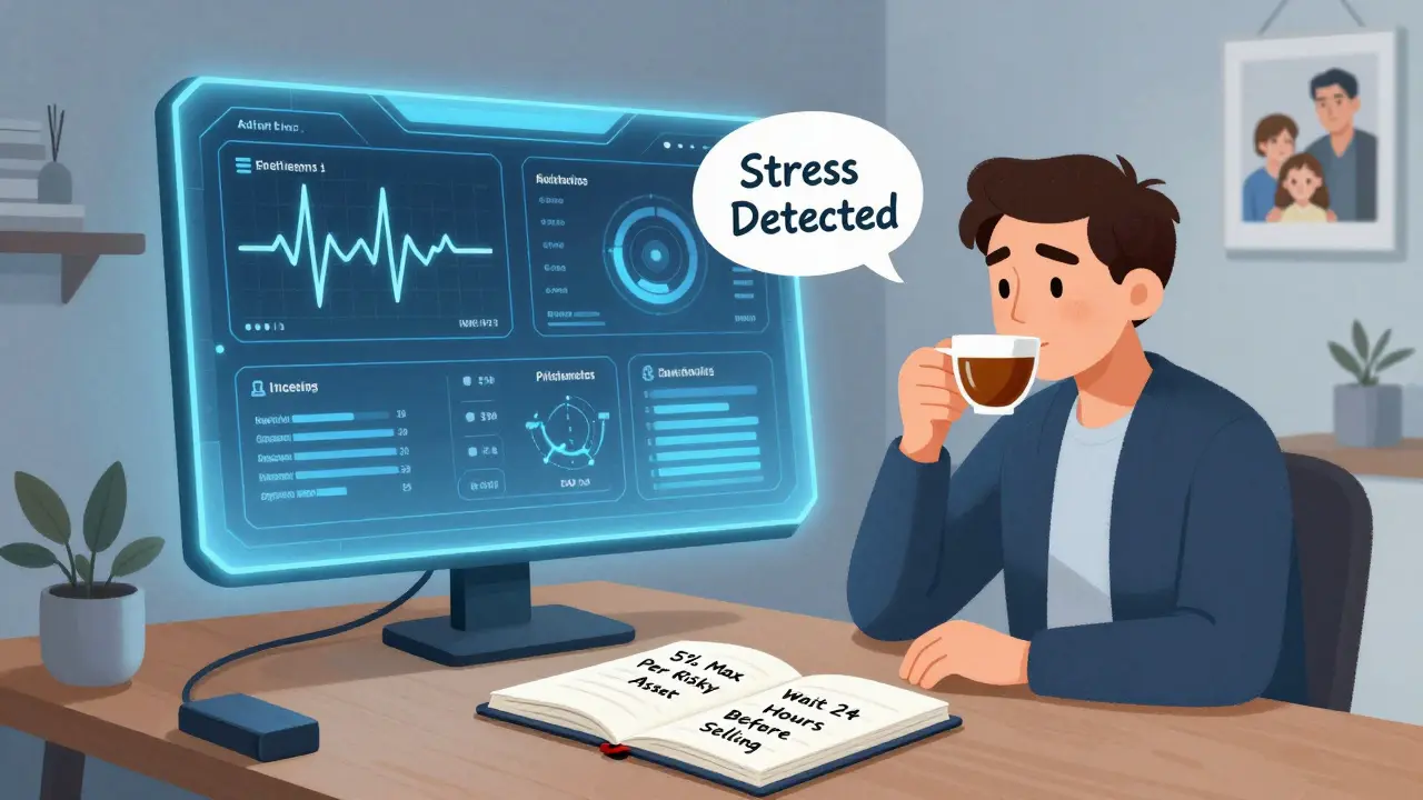 Инвестор спокоен, а над его столом — ИИ-анализатор эмоций, предупреждающий о стрессе, на фоне семейной фотографии.