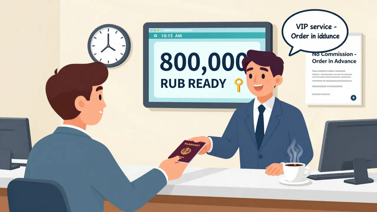 Клиент получает 800 тысяч рублей наличными в кассе банка с паспортом и кофе.