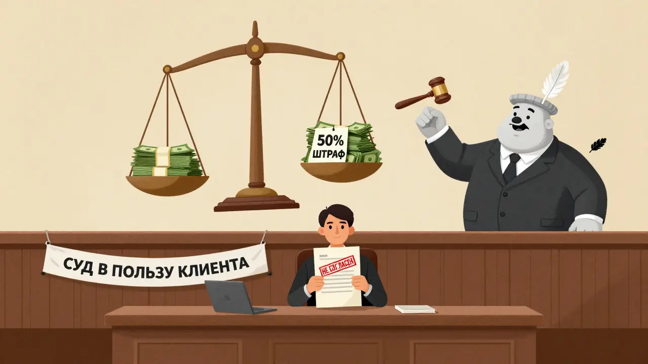 Клиент выигрывает суд против банка — весы наклонены в его пользу с крупной суммой денег.