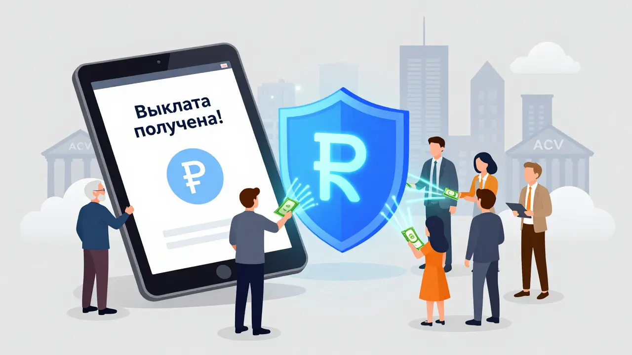 Люди получают мгновенные выплаты через цифровой рубль от системы АСВ, изображённой как щит.