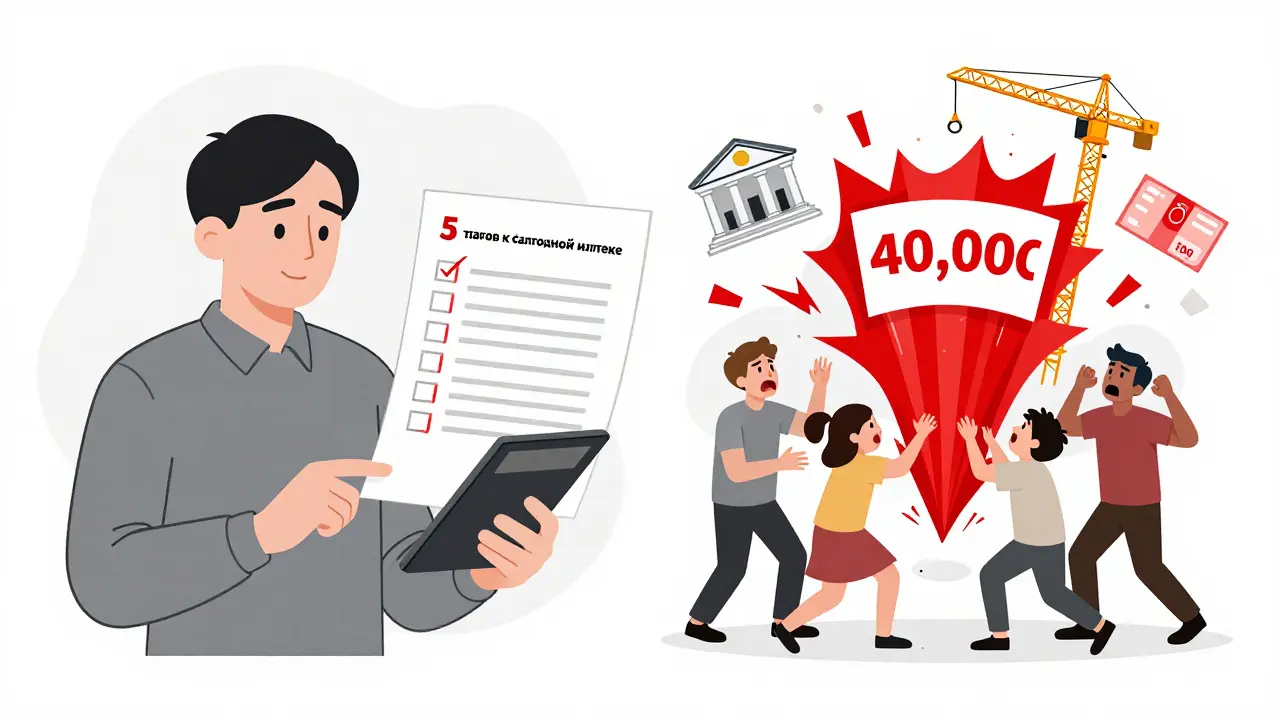 Мужчина спокойно планирует ипотеку слева, справа — семья в панике от резкого роста платежей.